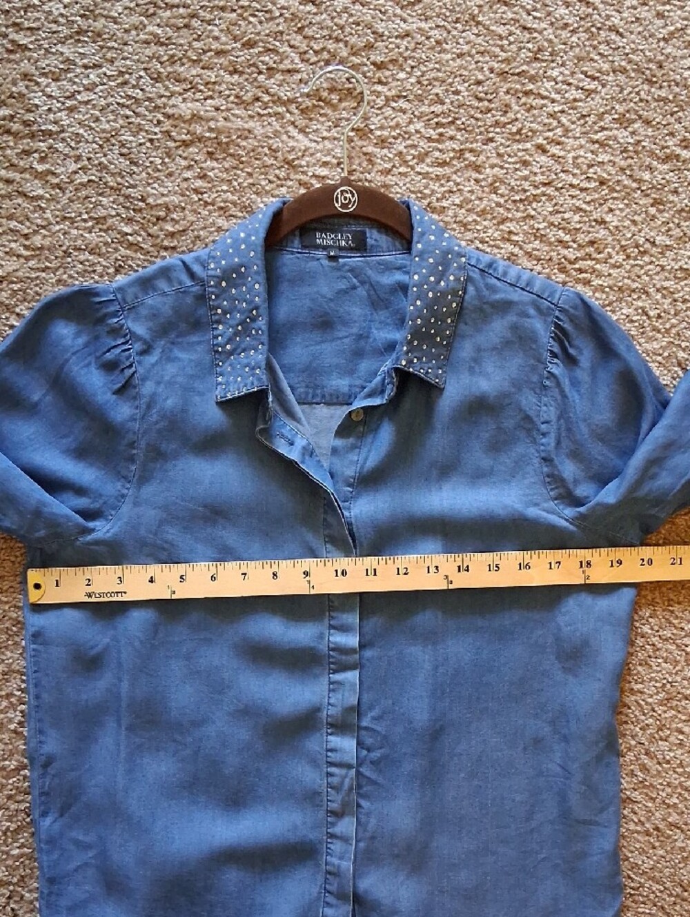 Badgley Mischka Blue Denim Button-Front Blouse + Embellished Rhinestone Collar - Picture 9 of 9